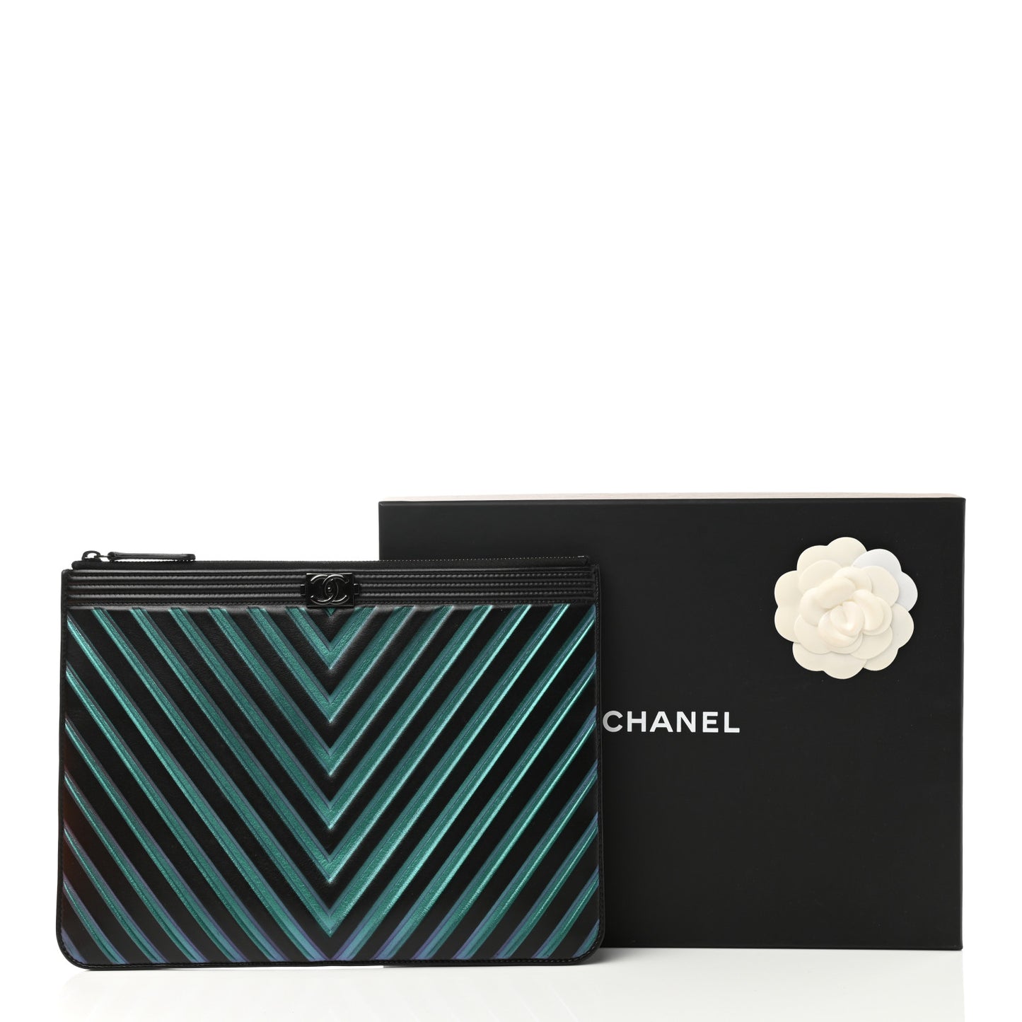Calfskin Painted Chevron Embossed Large Boy Zip Pouch Black
