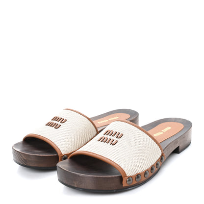 Miu Miu Canvas Calfskin Logo Slide Clogs 39 Naturale Brandy 4 of 9