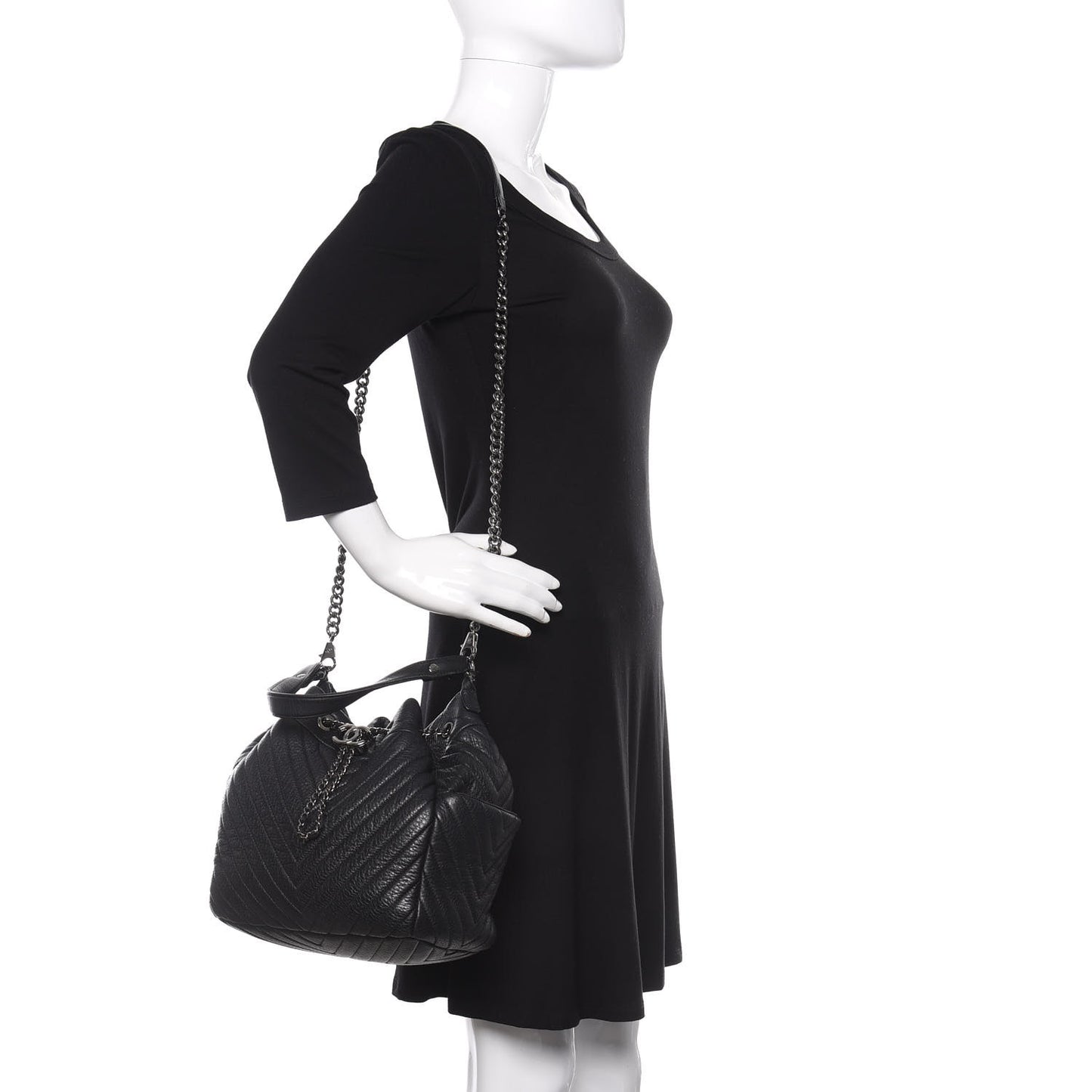 Deerskin Chevron Medium CC Chain Bucket Drawstring Bag Black