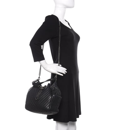 Chanel Deerskin Chevron Medium CC Chain Bucket Drawstring Bag Black 2 of 10