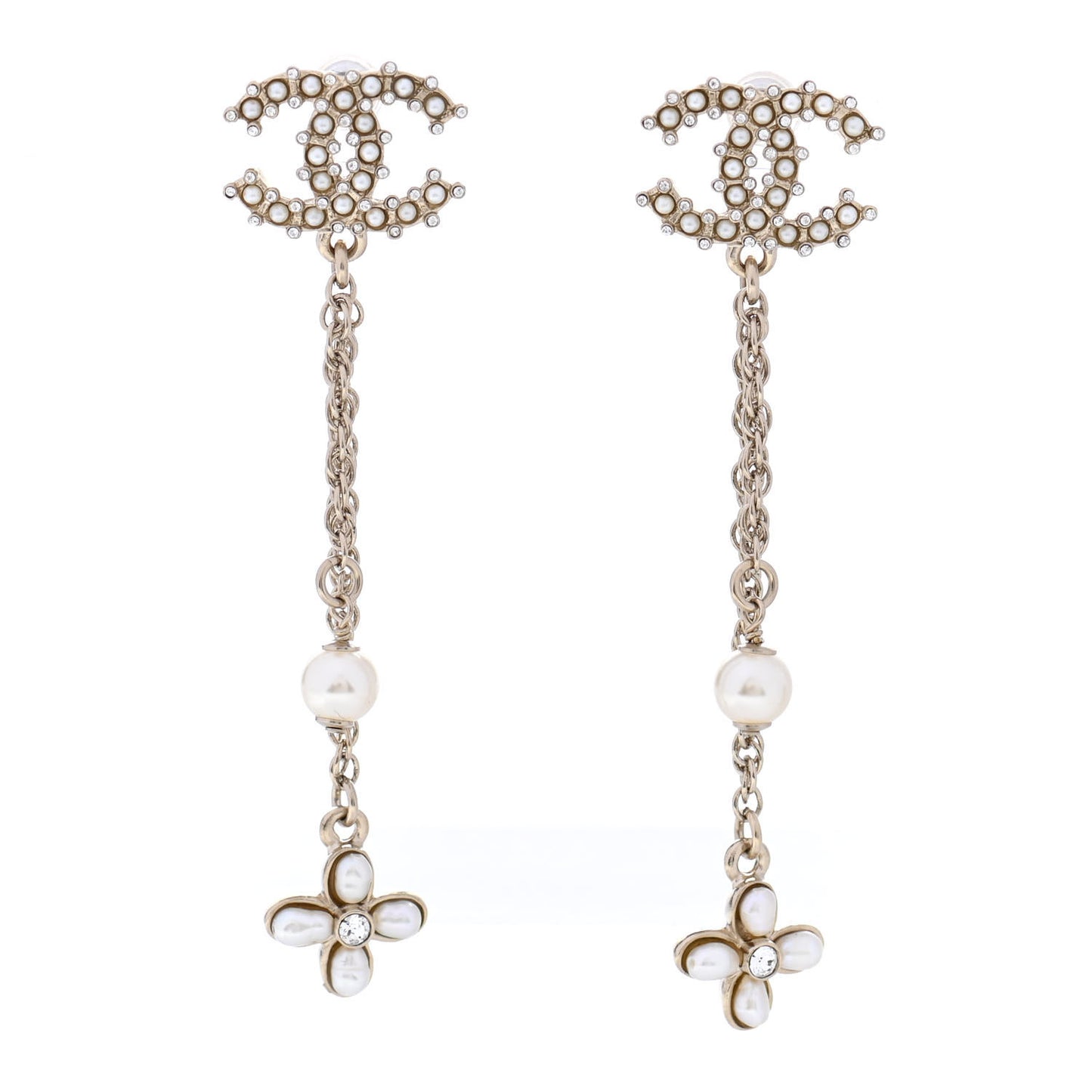 Pearl Chain Camellia CC Drop Earrings Pearly White Gold