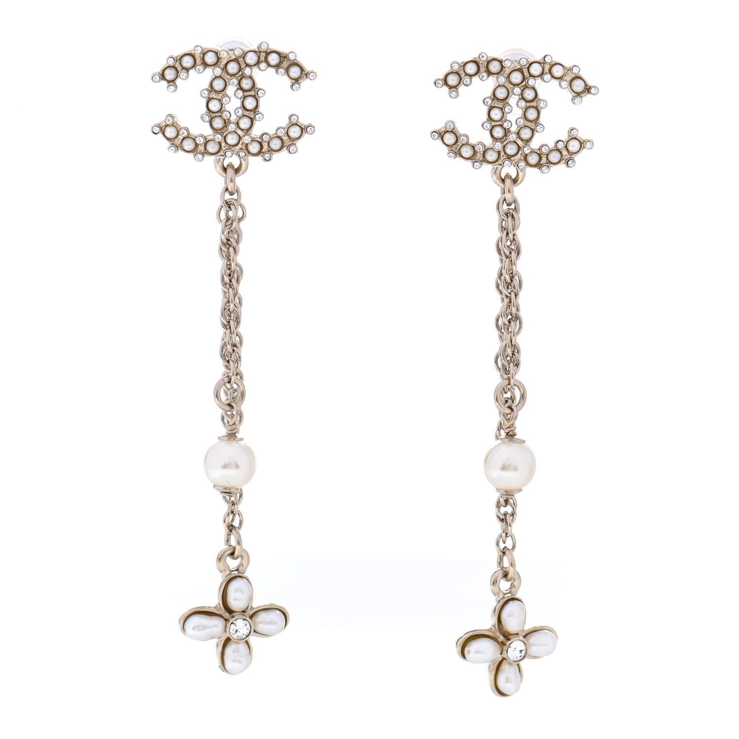 Chanel Pearl Chain Camellia CC Drop Earrings Pearly White Gold 1 of 4