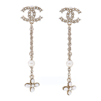 Chanel Pearl Chain Camellia CC Drop Earrings Pearly White Gold 1 of 4