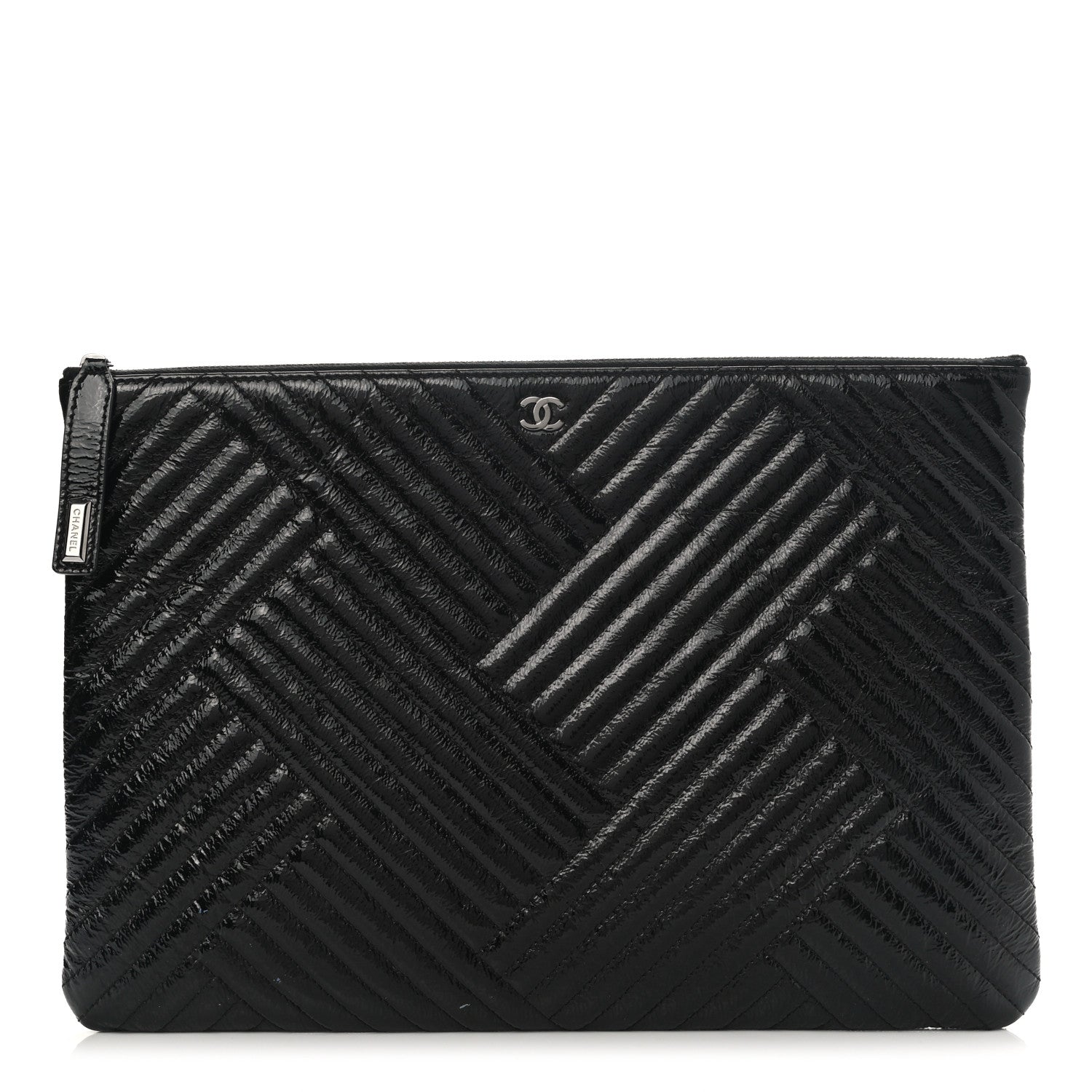 Chanel Distressed Patent Chevron Quilted Medium CC Crossing Cosmetic Case Black 1 of 7