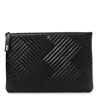 Chanel Distressed Patent Chevron Quilted Medium CC Crossing Cosmetic Case Black 1 of 7