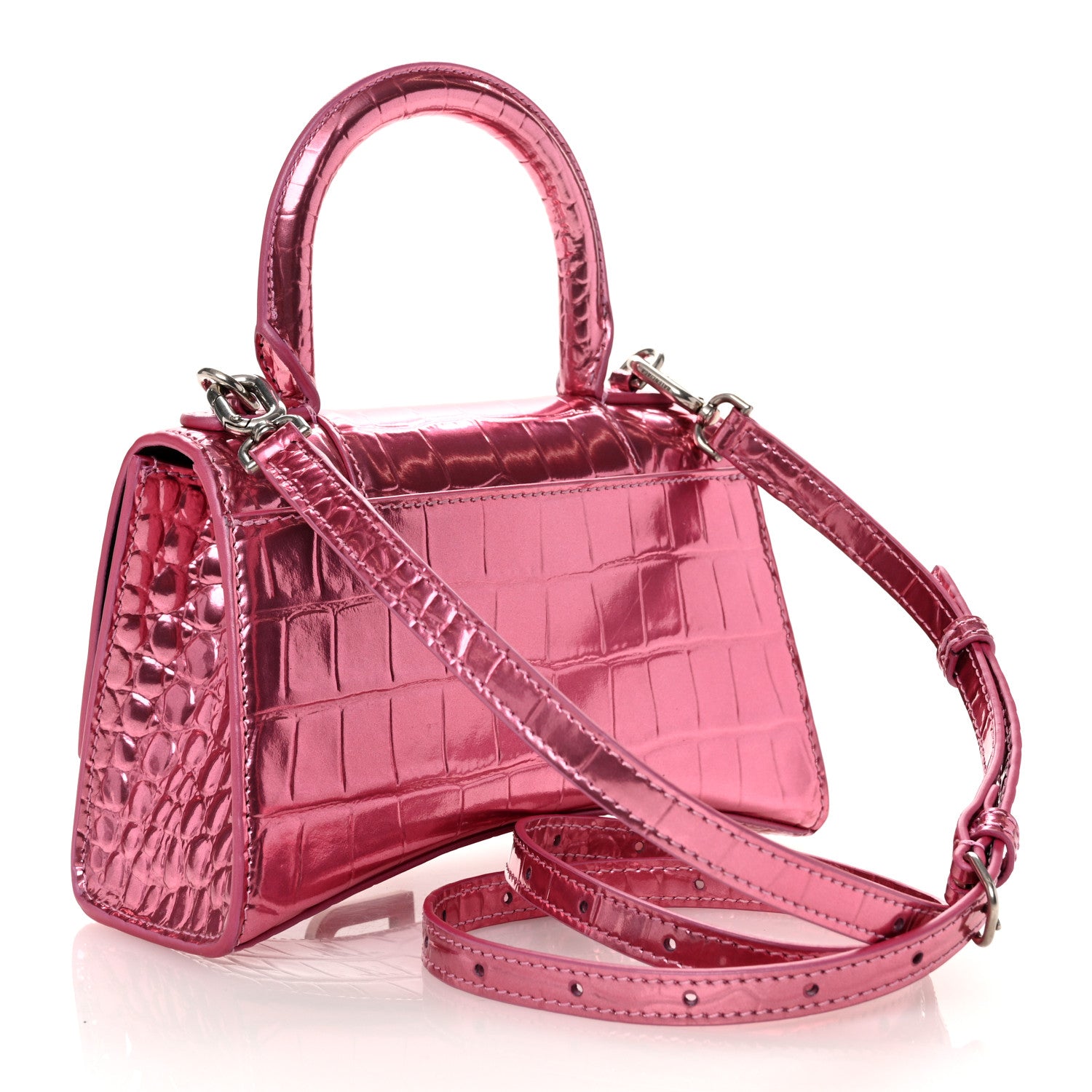 Balenciaga Metallic Shiny Calfskin Crocodile Embossed Hourglass Top Handle Bag XS Pink 3 of 10
