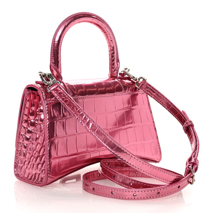 Balenciaga Metallic Shiny Calfskin Crocodile Embossed Hourglass Top Handle Bag XS Pink 3 of 10