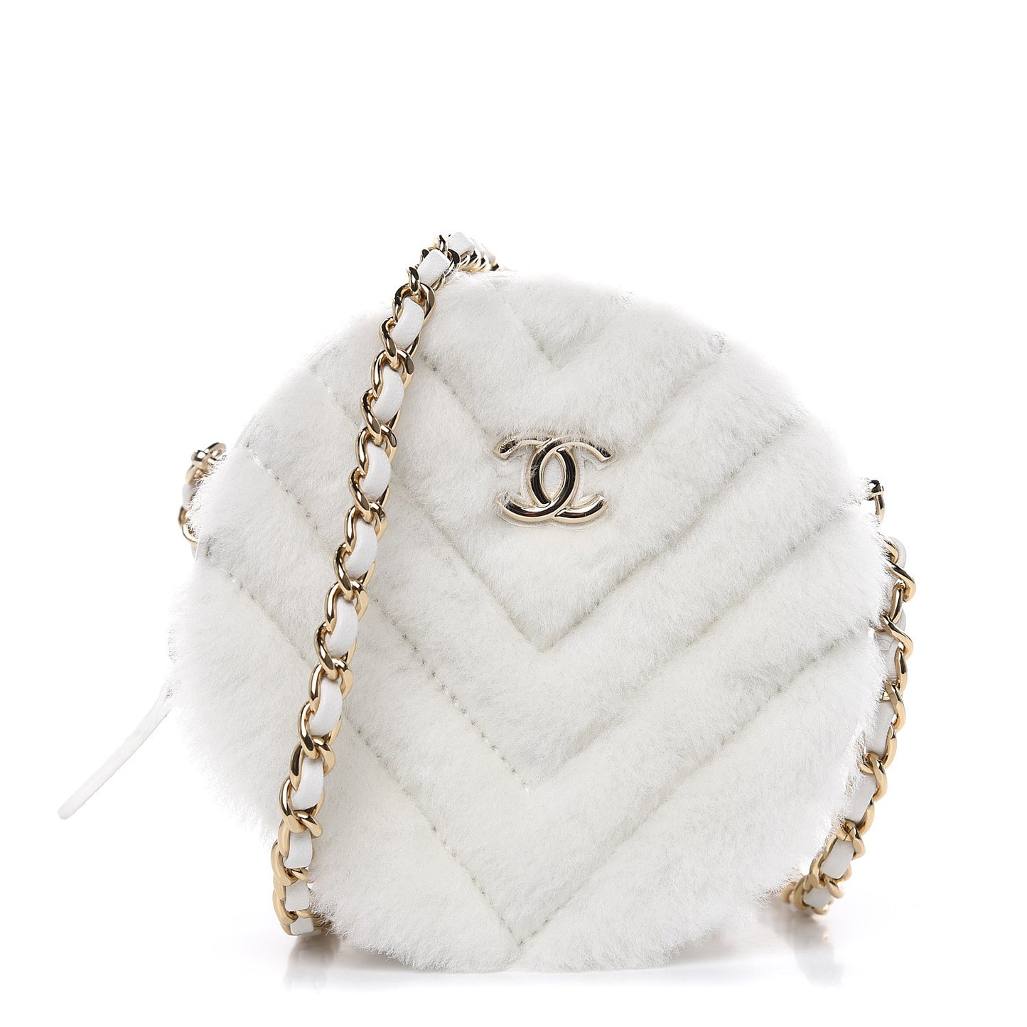 Fur Chevron Quilted Round Clutch With Chain White