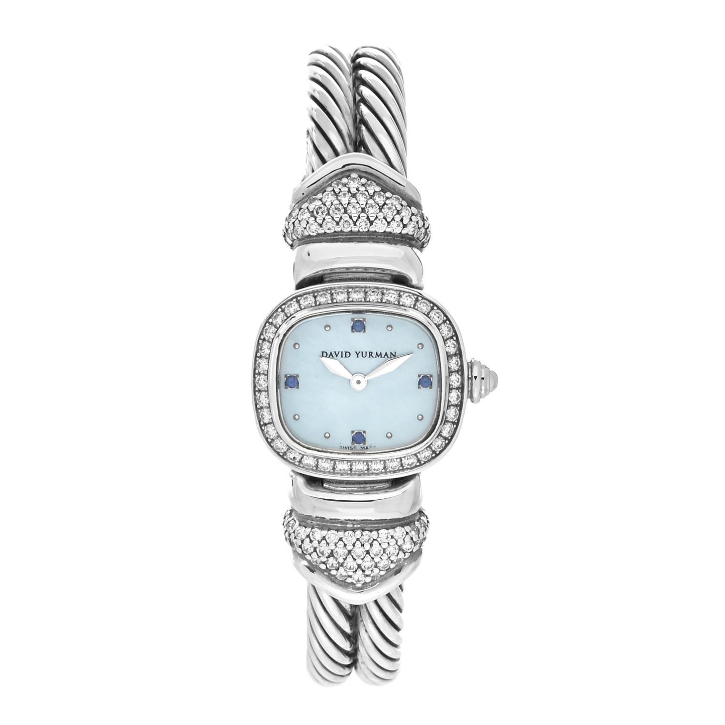 Sterling Silver Diamond Bezel Blue Sapphire Blue Mother of Pearl 21mm Classic Cable Quartz Watch