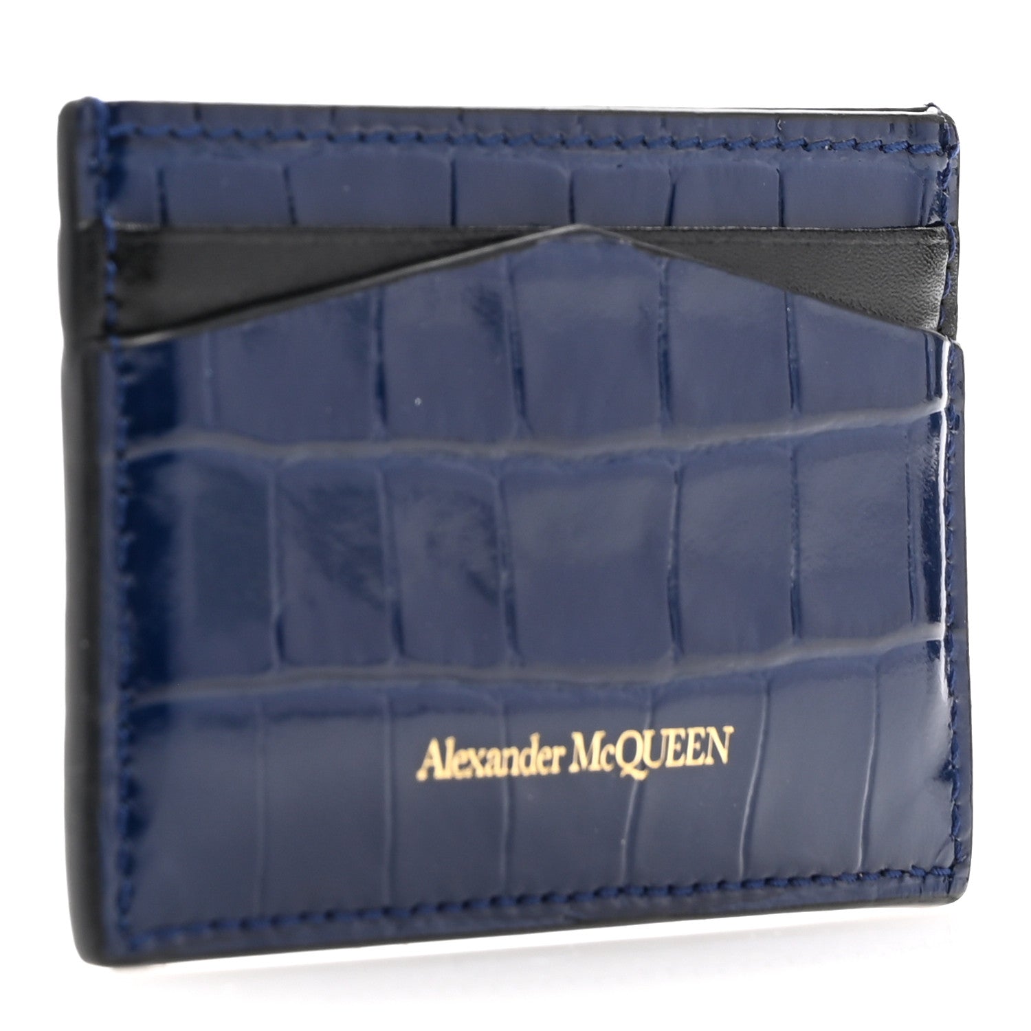 Alexander McQueen Patent Crocodile Embossed Skull Card Holder Navy