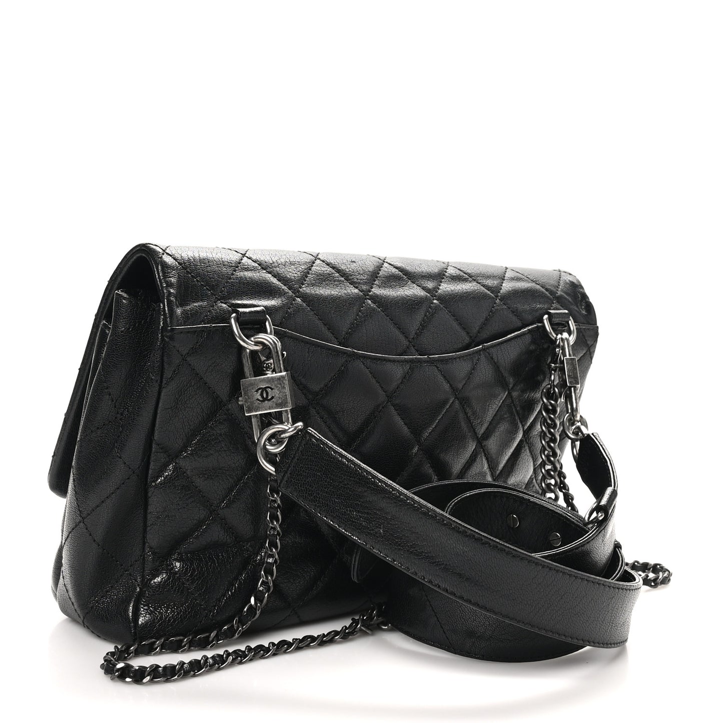 Shiny Goatskin Quilted Large Double Carry Waist Chain Flap Black