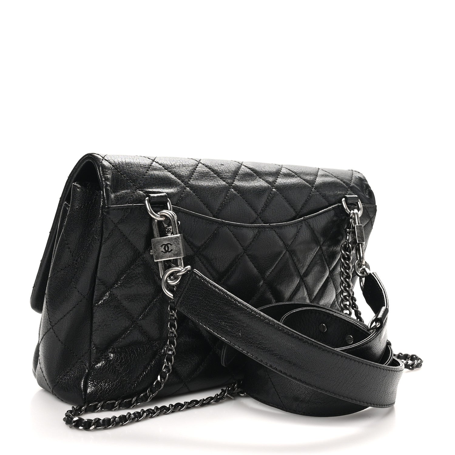 Chanel Shiny Goatskin Quilted Large Double Carry Waist Chain Flap Black 2 of 10