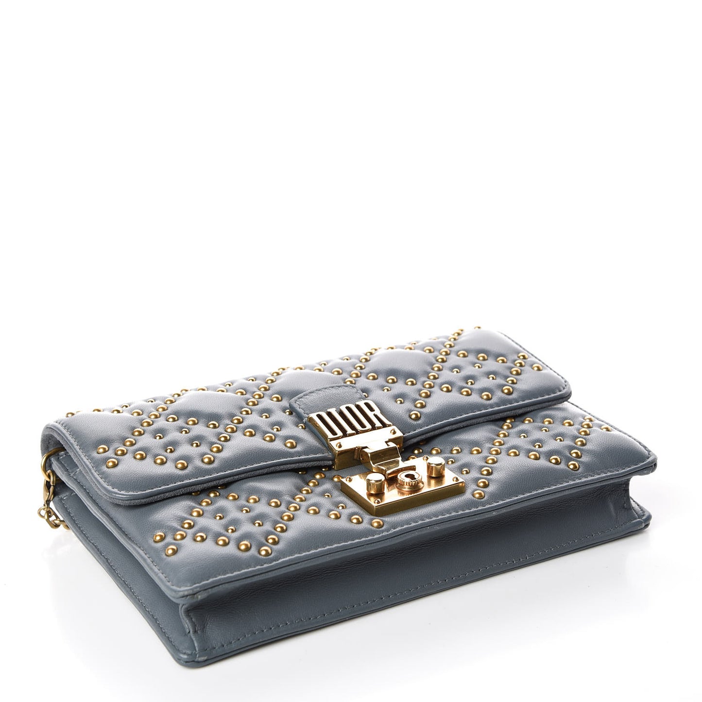 Lambskin Cannage Studded Dioraddict Wallet on Chain Clutch Grey Blue