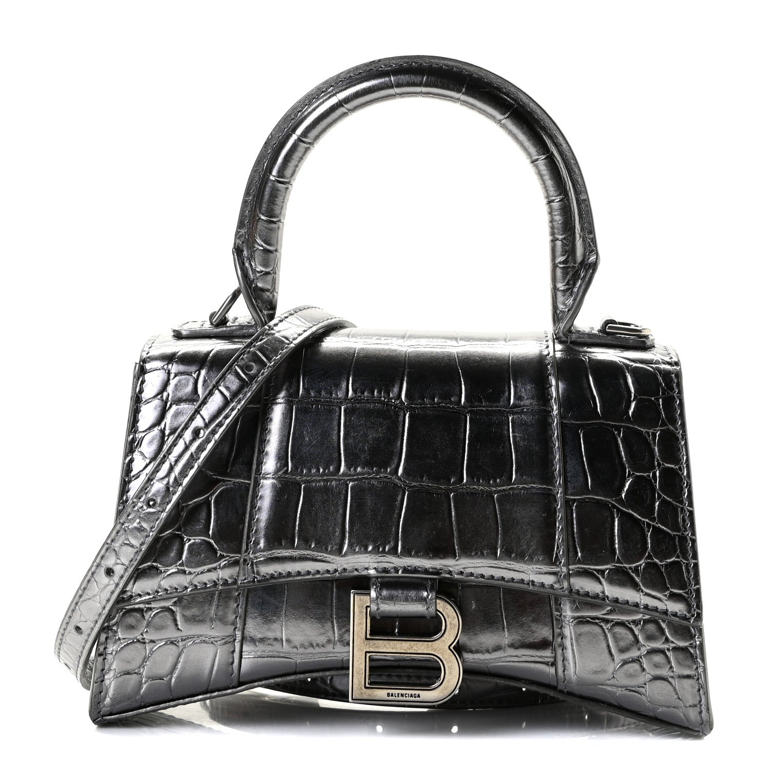 Balenciaga Shiny Calfskin Crocodile Embossed Hourglass Top Handle Bag XS Silver 1 of 8