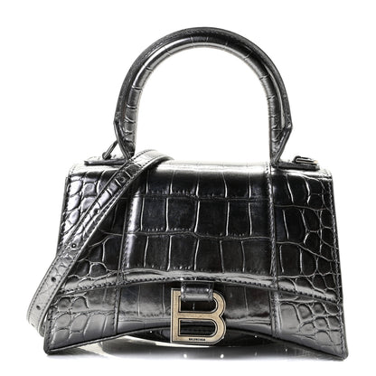Balenciaga Shiny Calfskin Crocodile Embossed Hourglass Top Handle Bag XS Silver 1 of 8