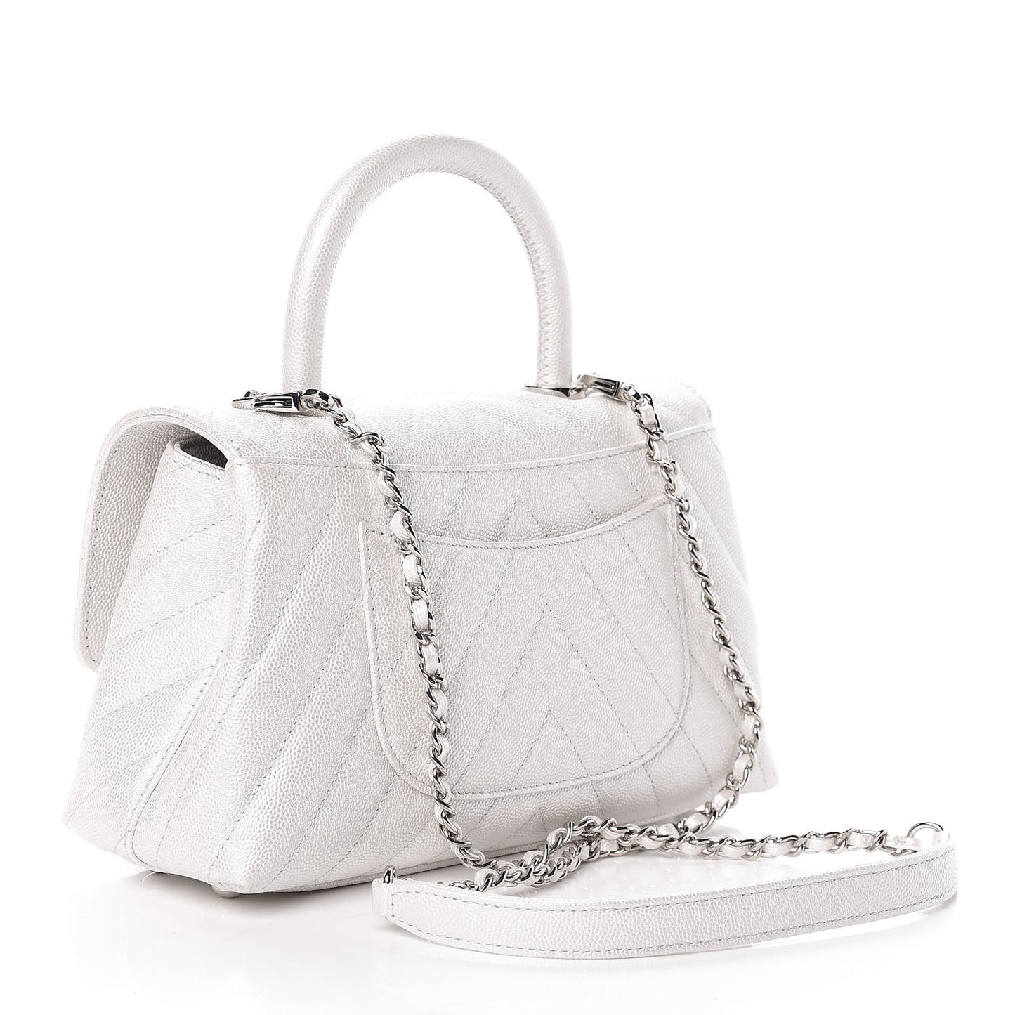 Iridescent Caviar Chevron Quilted Mini Coco Handle Flap White
