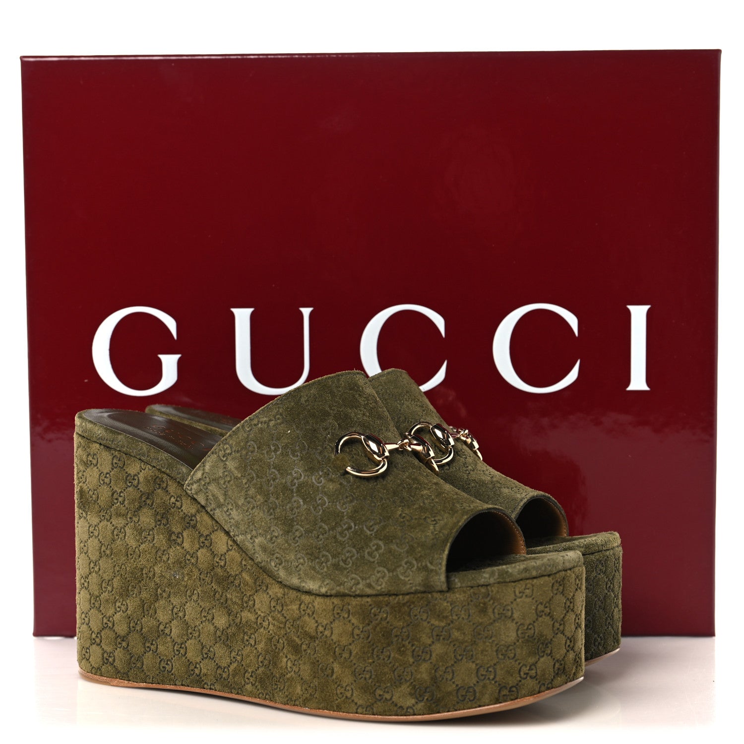 Gucci Suede GG Debossed Horsebit Wedge Sandals 39.5 Forest Green 10 of 10