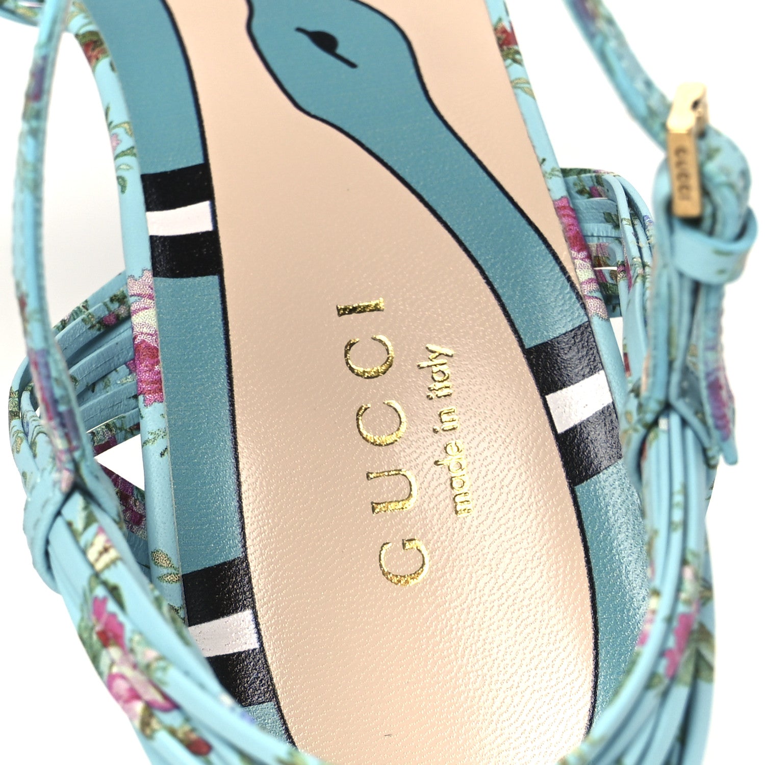 Gucci Malaga Kid Floral Print Knotted Allie Sandals 37 Aquamarine 7 of 9