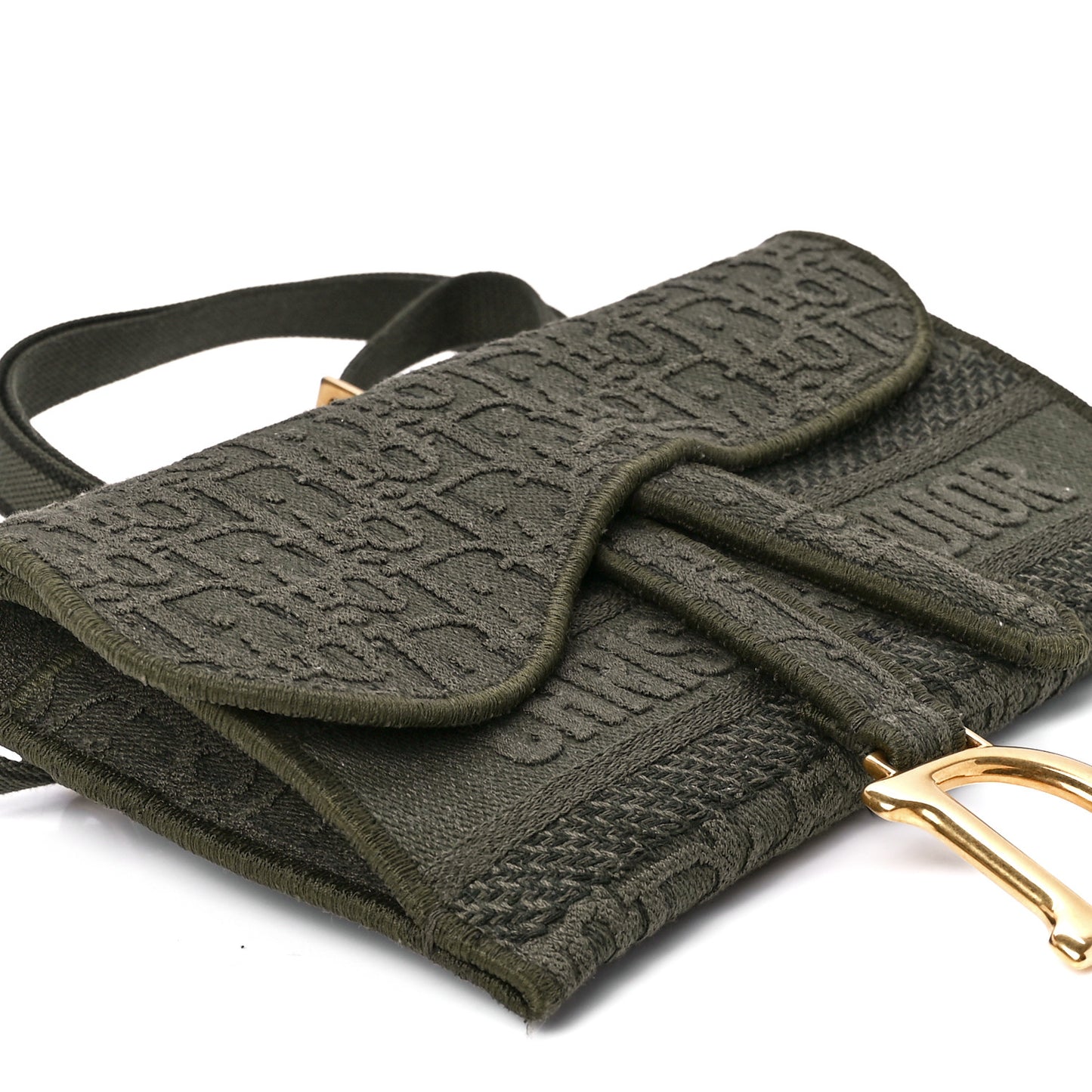 Oblique Embroidered Slim Saddle Pouch Green