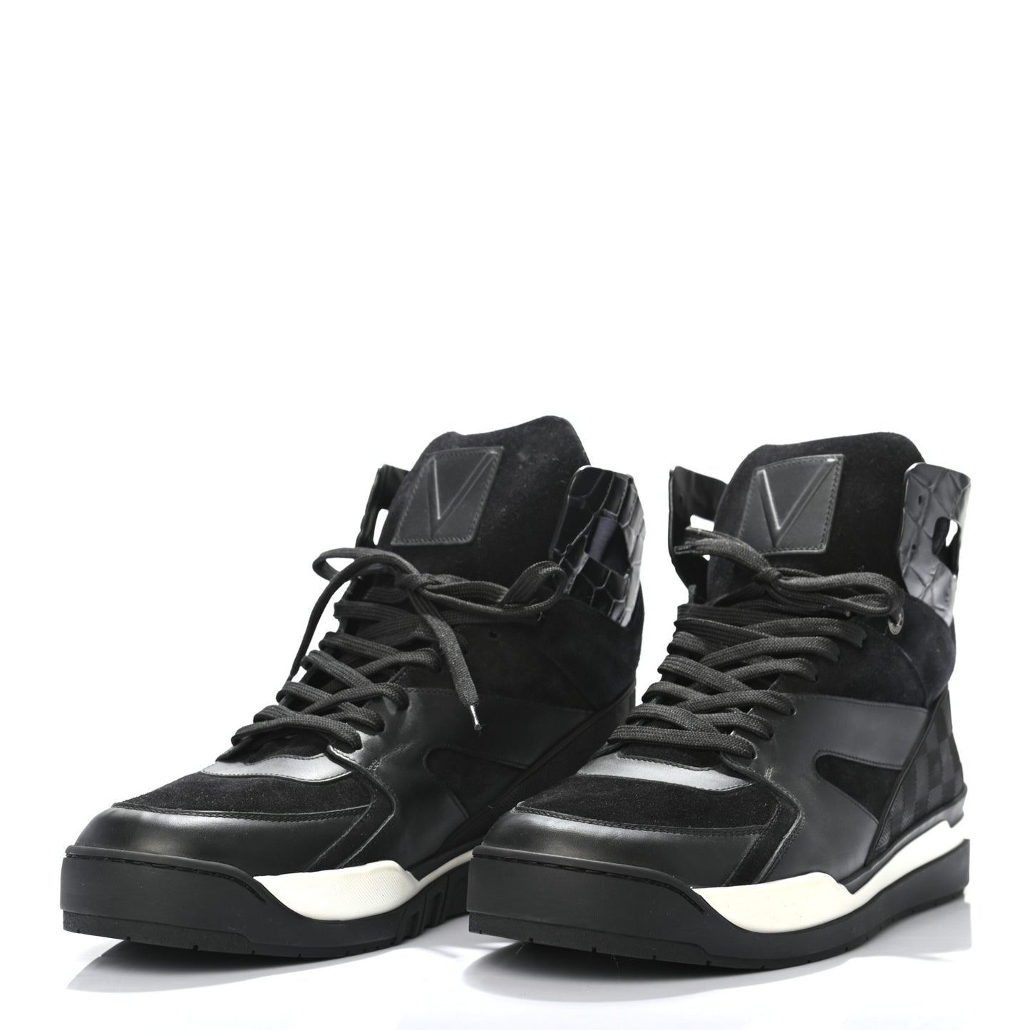 Suede Calfskin Crocodile Embossed Damier Graphite Mens Kick Off High Top Sneakers 9.5 Black