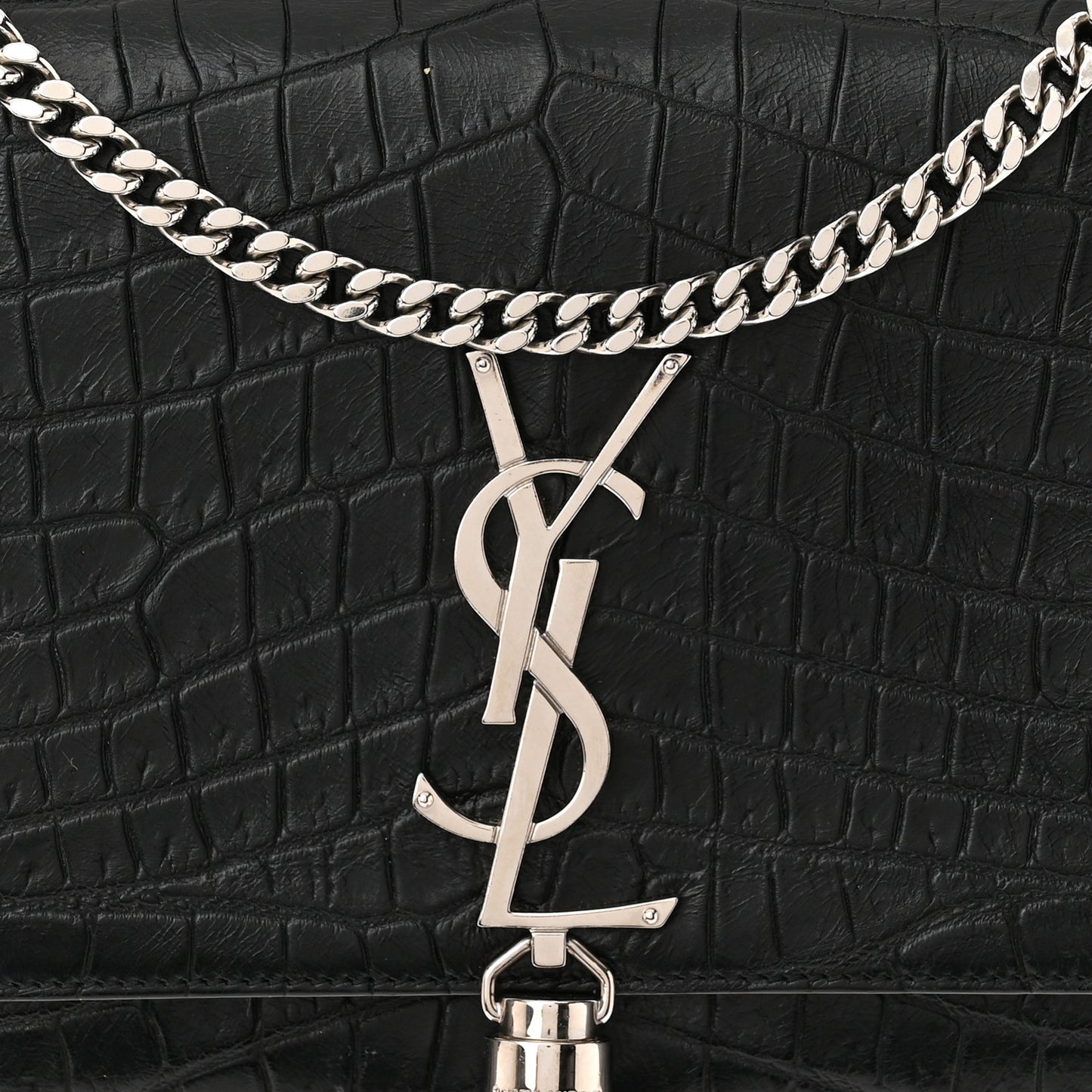 Calfskin Crocodile Embossed Medium Classic Monogram Kate Tassel Satchel Sunset Black