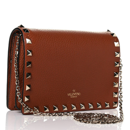 Valentino Garavani Pebbled Calfskin Rockstud Wallet on Chain Saddle Brown 2 of 5