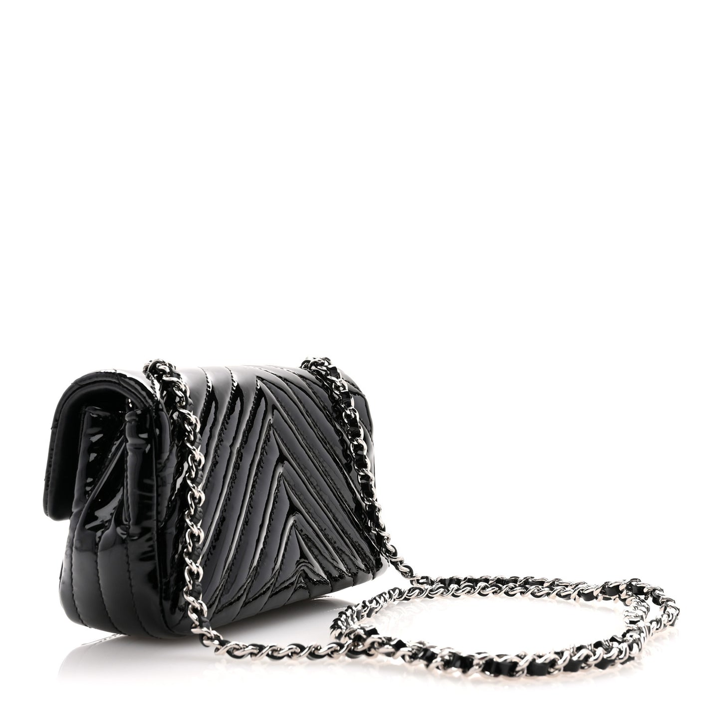Patent Calfskin Chevron Quilted Extra Mini Flap Black