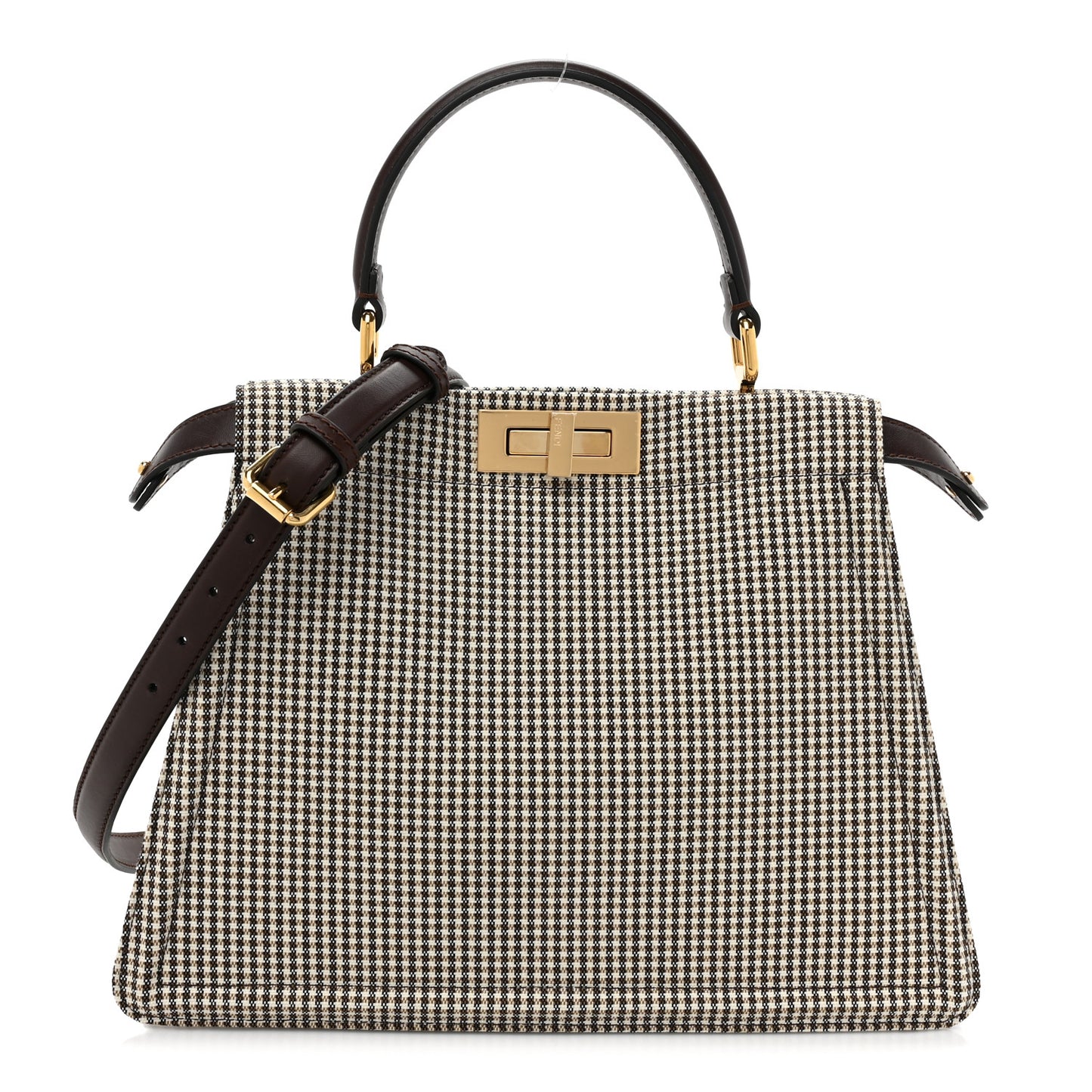 Wool Fabric Jacquard Cuoio Large Houndstooth FF 1974 Medium Peekaboo I SEE U Satchel Beige Tobacco Moro