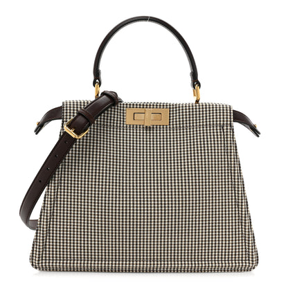 Fendi Wool Fabric Jacquard Cuoio Large Houndstooth FF 1974 Medium Peekaboo I SEE U Satchel Beige Tobacco Moro 1 of 12