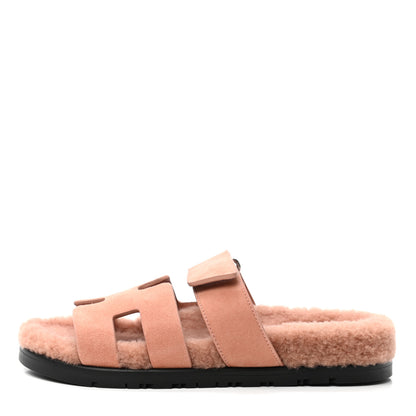 Hermes Suede Goatskin Woolskin Womens Chypre Sandals 35.5 Rose Aube 1 of 8