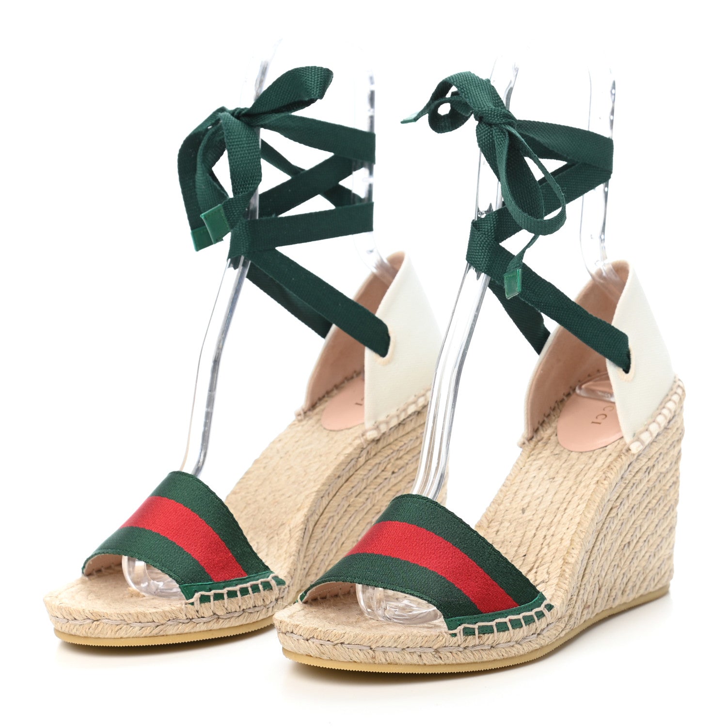Gucci Canvas Malaga Kid Web Ankle Wrap Espadrille Wedge Sandals 40 Green Red Mystic White Emerald 3 of 11