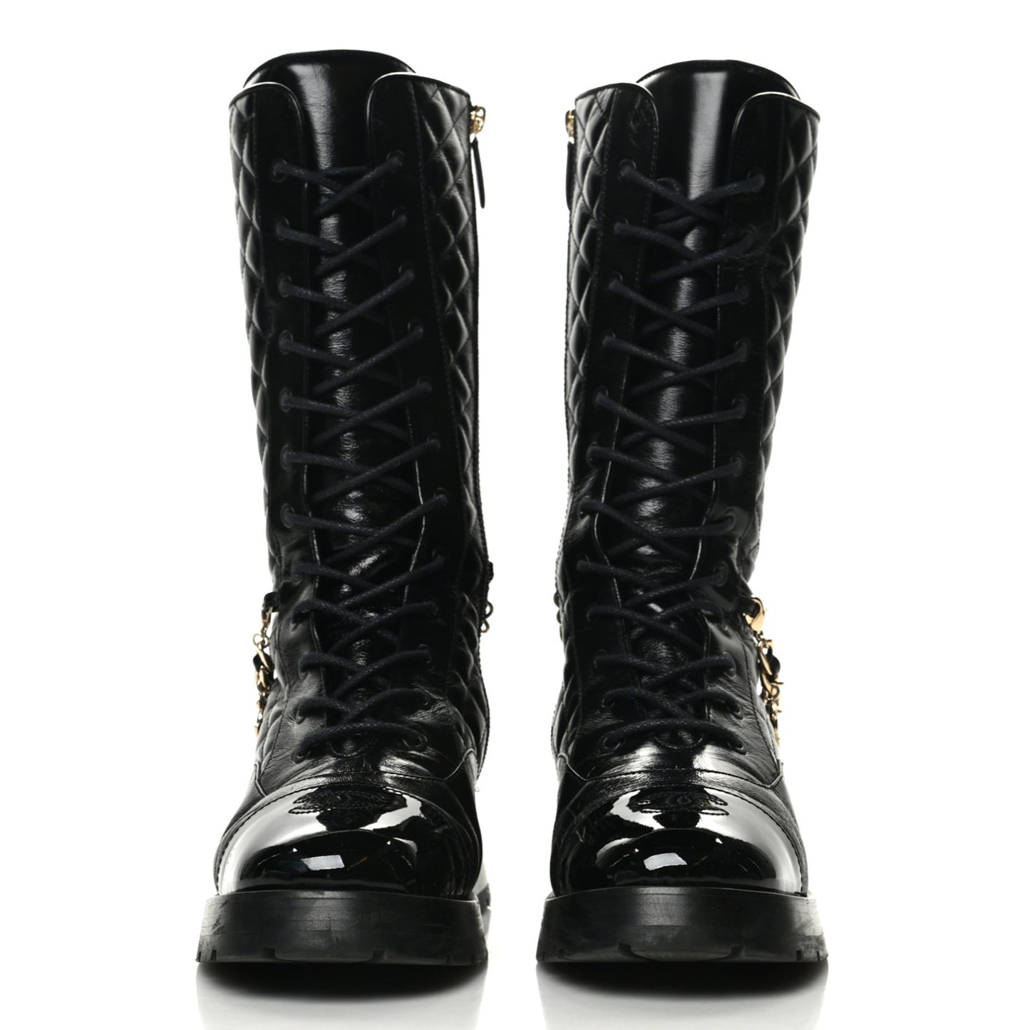 Shiny Calfskin Patent Quilted Chain Lace Up Combat Boots 40 Black