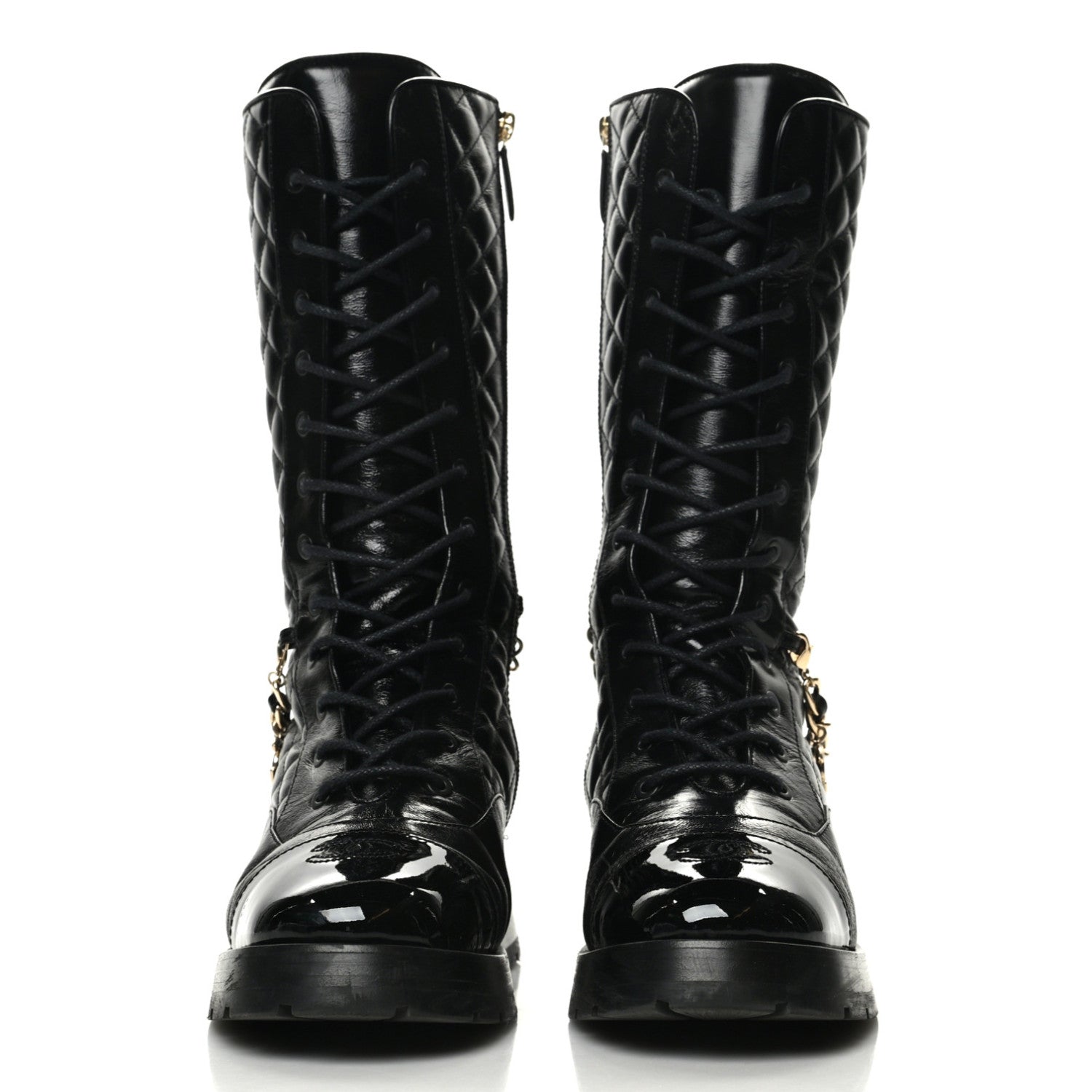 Chanel Shiny Calfskin Patent Quilted Chain Lace Up Combat Boots 40 Black 2 of 9