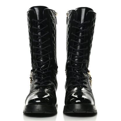 Chanel Shiny Calfskin Patent Quilted Chain Lace Up Combat Boots 40 Black 2 of 9