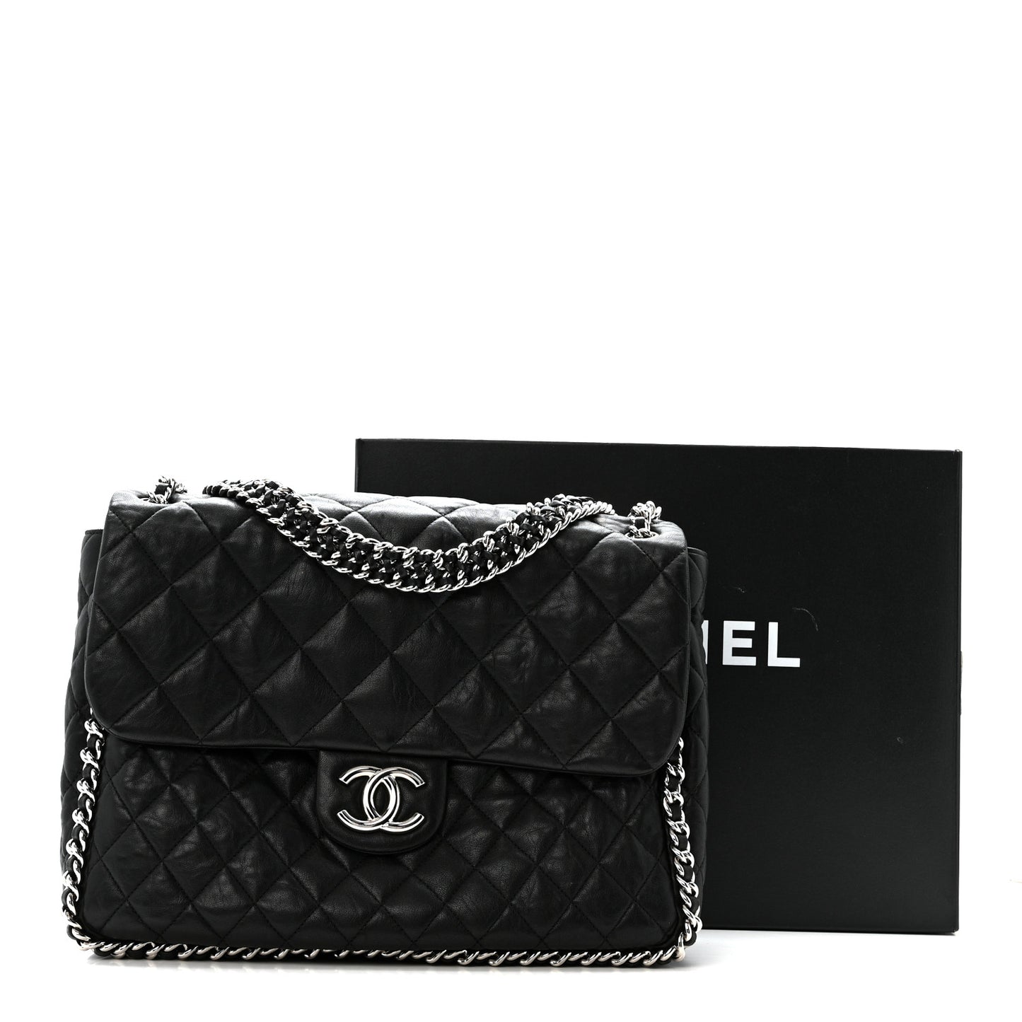 Washed Lambskin Quilted Maxi Chain Around Flap Black