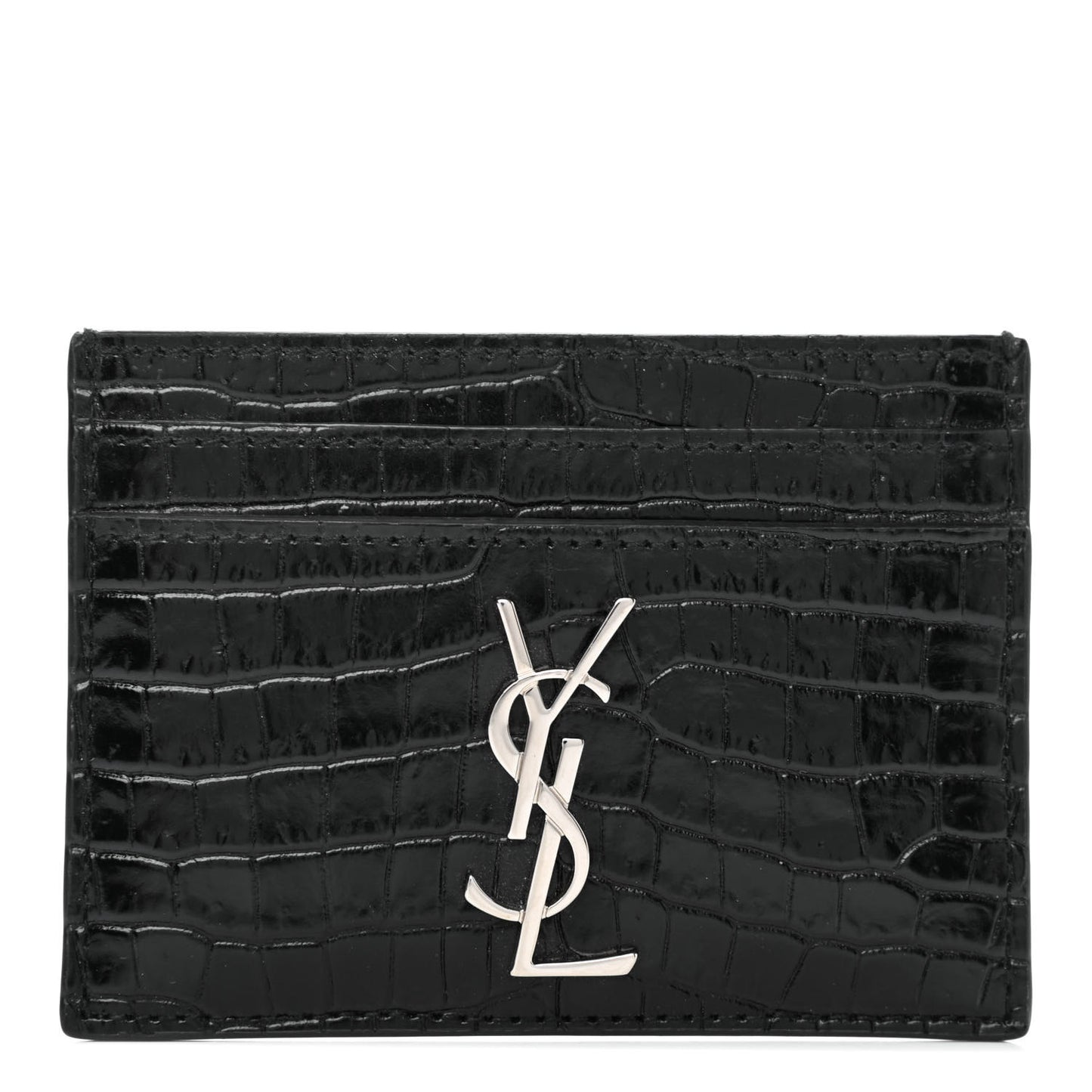 Calfskin Crocodile Embossed Monogram Credit Card Case Black