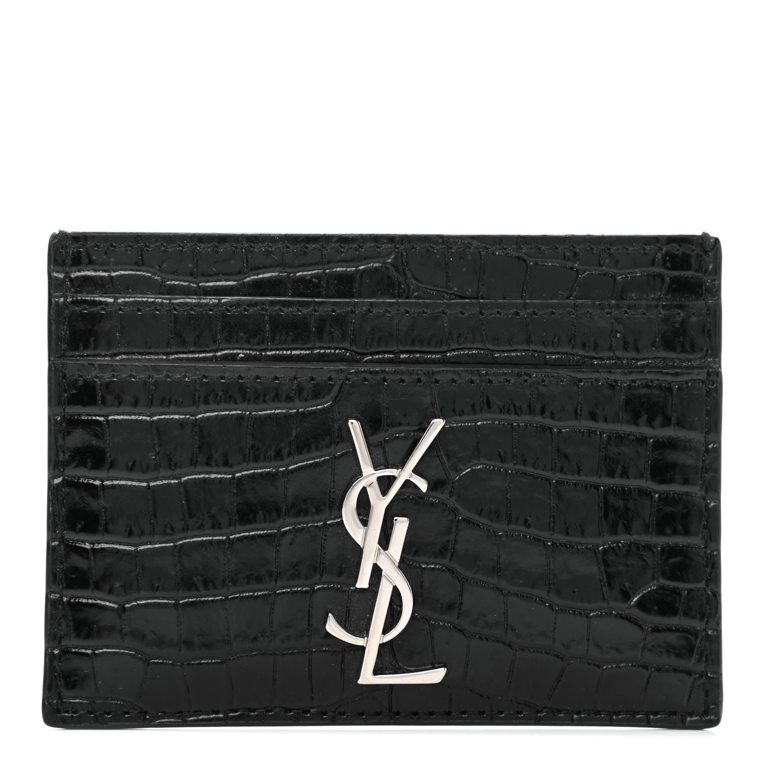 Saint Laurent Calfskin Crocodile Embossed Monogram Credit Card Case Black 1 of 9