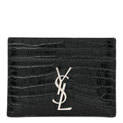 Saint Laurent Calfskin Crocodile Embossed Monogram Credit Card Case Black 1 of 9