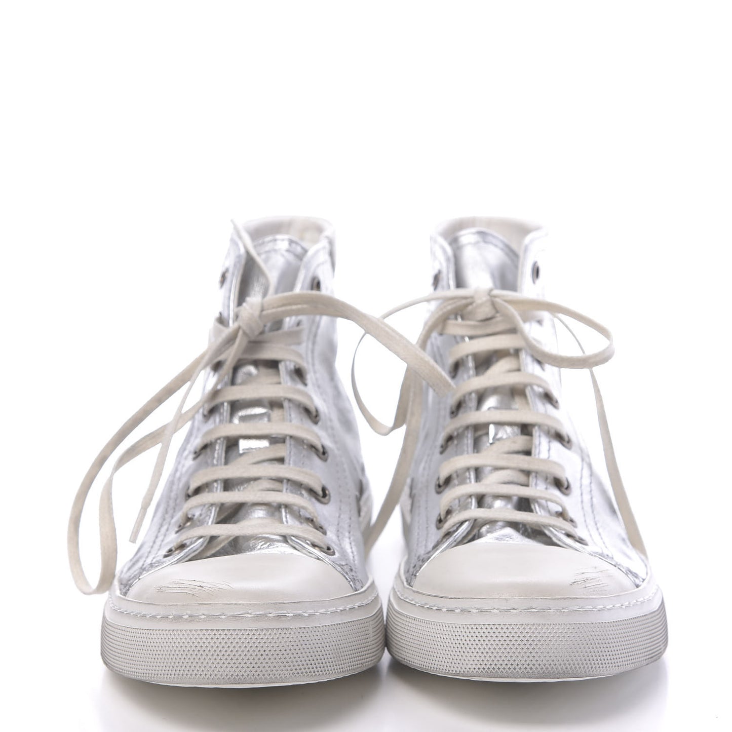 Distressed Calfskin Bedford Logo-Appliqued Hightop Sneakers 38 Argento Cream White