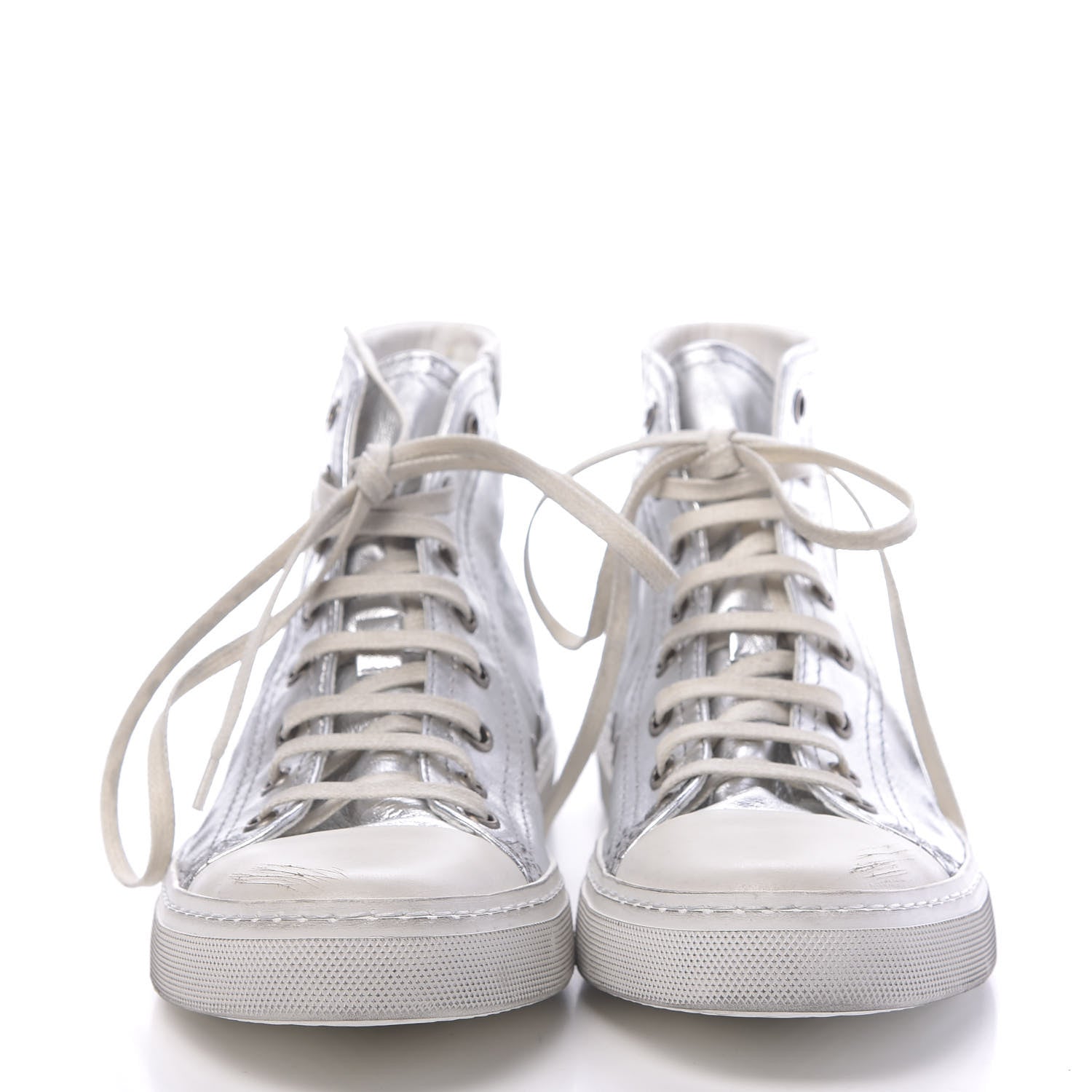 Saint Laurent Distressed Calfskin Bedford Logo-Appliqued Hightop Sneakers 38 Argento Cream White 2 of 9