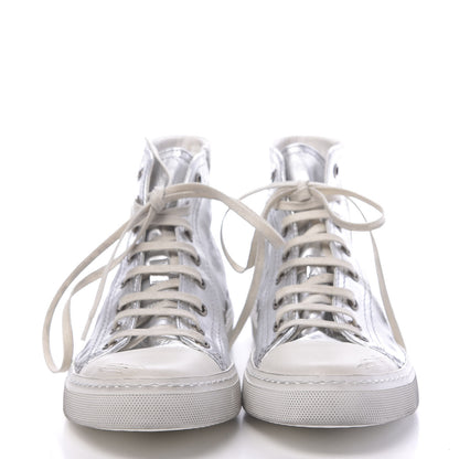 Saint Laurent Distressed Calfskin Bedford Logo-Appliqued Hightop Sneakers 38 Argento Cream White 2 of 9