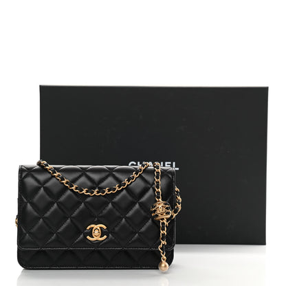 Chanel Lambskin Quilted CC Pearl Crush Wallet on Chain WOC Black 14 of 14