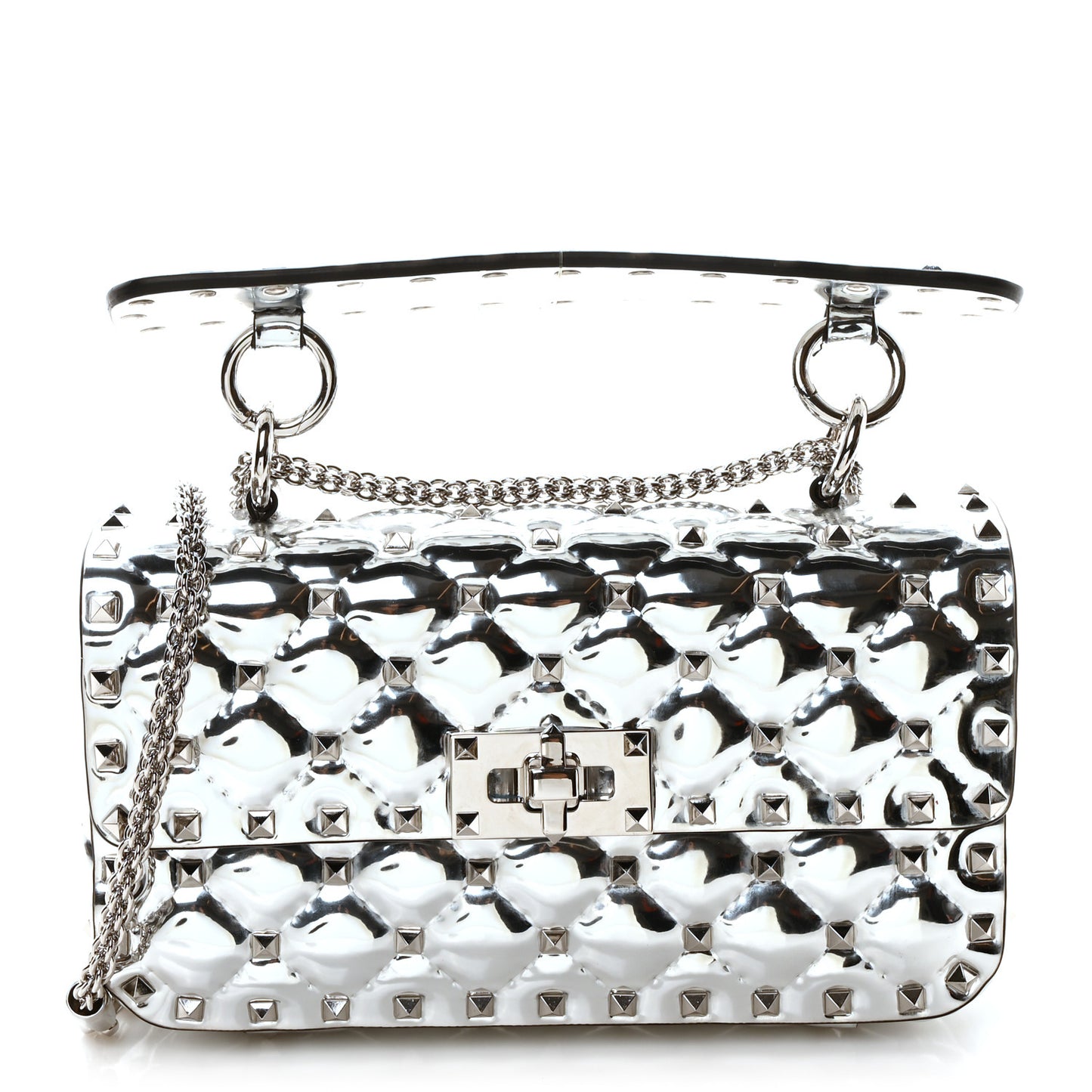 Metallic Patent Quilted Small Rockstud Spike Shoulder Bag Silver