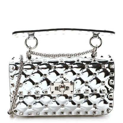 Valentino Garavani Metallic Patent Quilted Small Rockstud Spike Shoulder Bag Silver 1 of 9