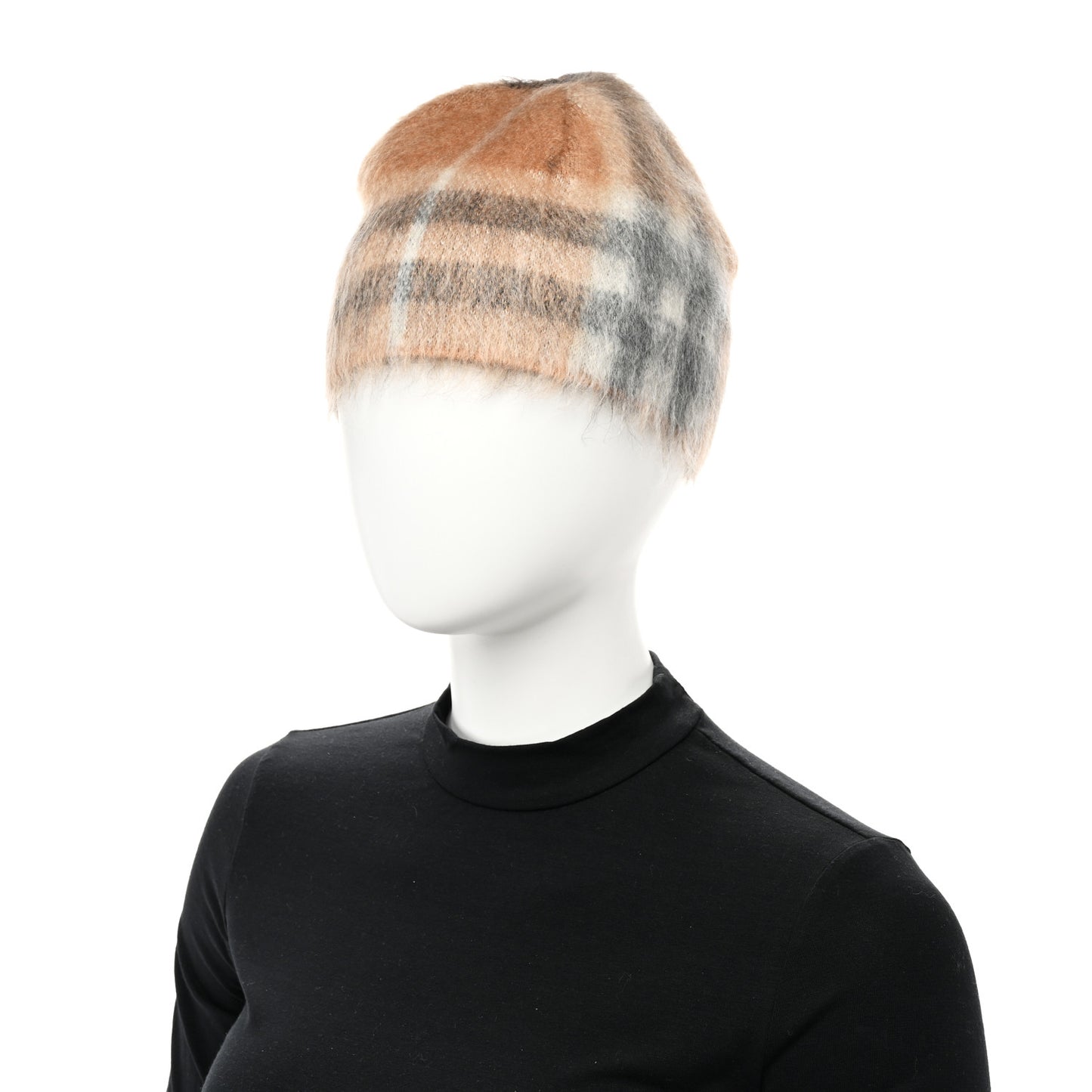 Mohair Giant Check Beanie Hat Beige