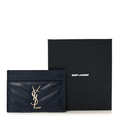 Saint Laurent Grain De Poudre Matelasse Monogram Chevron Credit Card Case Deep Marine 9 of 9