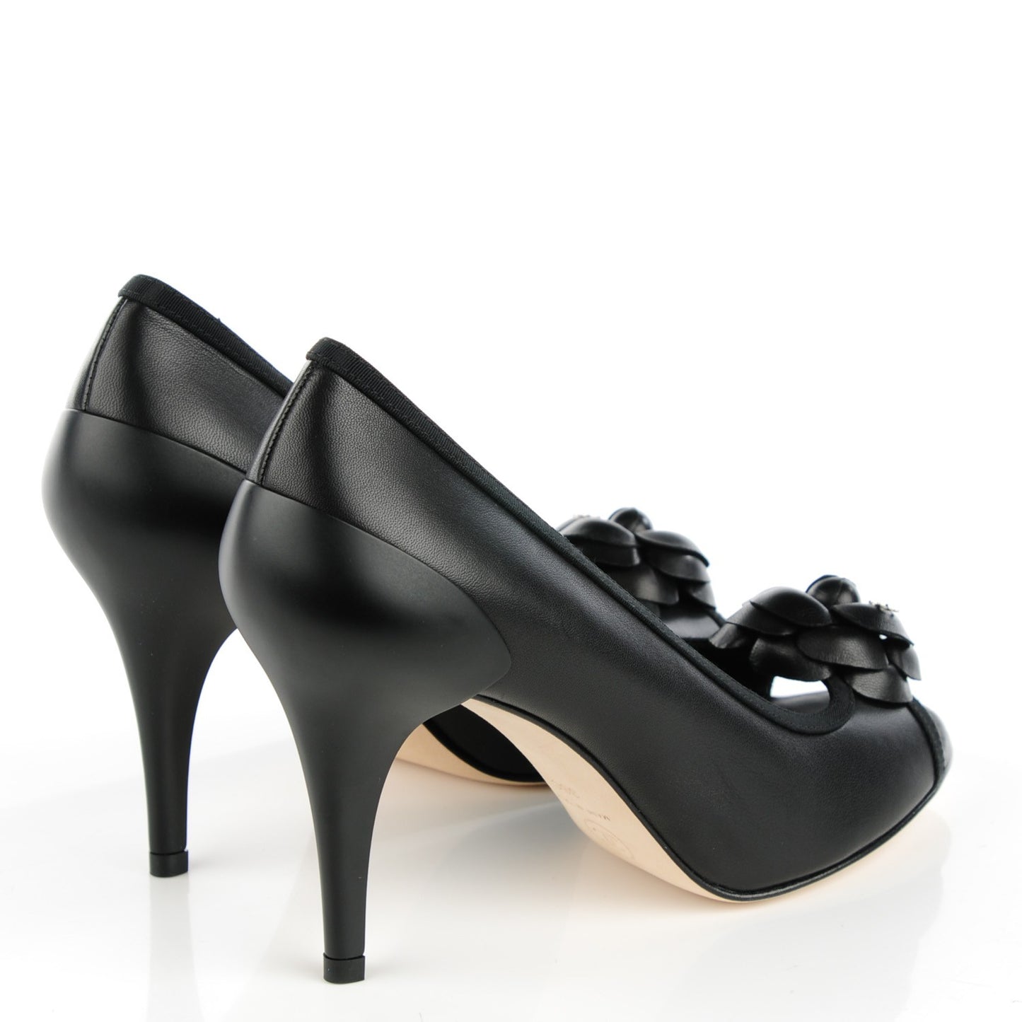 Lambskin Camellia Peep Toe Pumps 38 Black