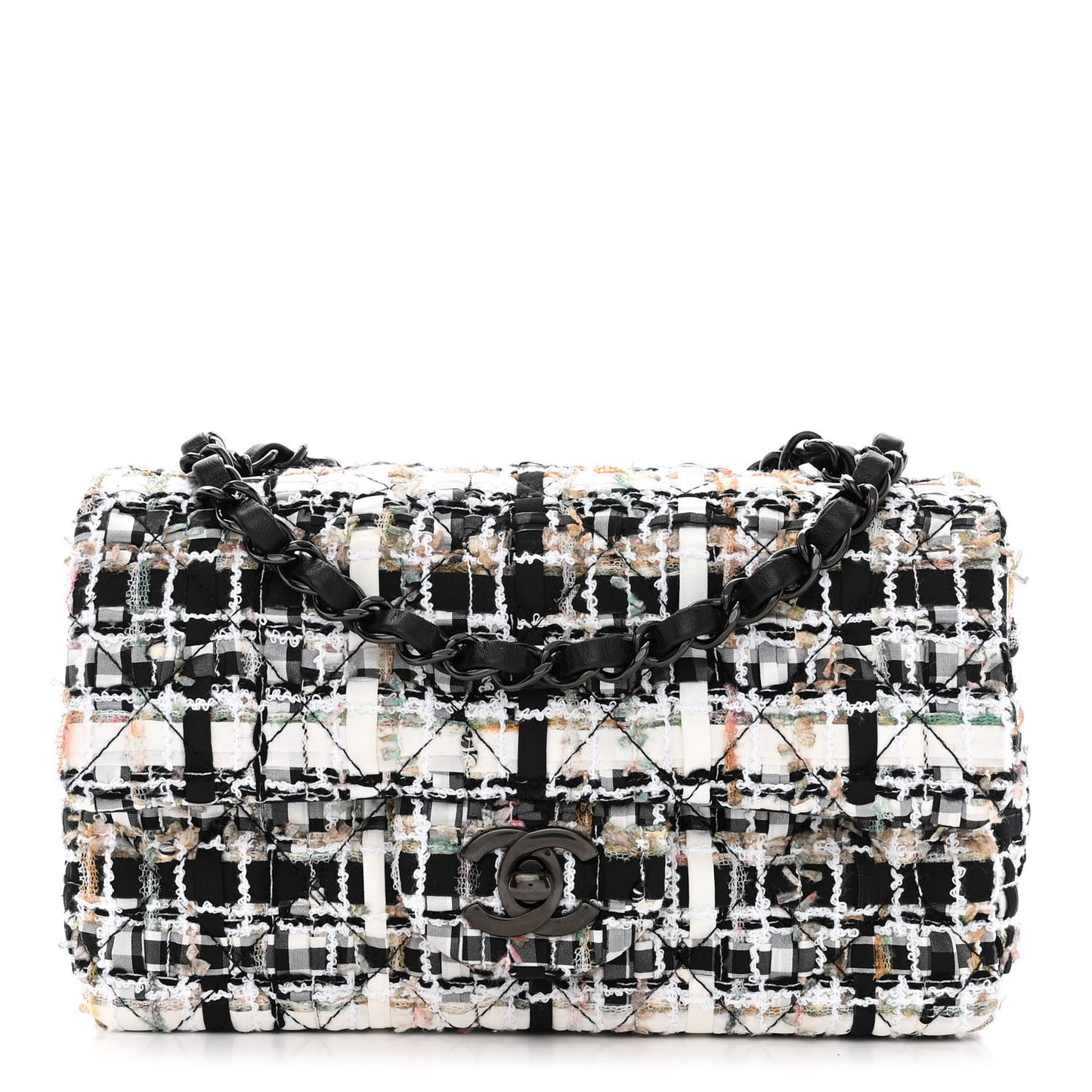 Tweed Quilted Mini Rectangular Flap White Black Multicolor