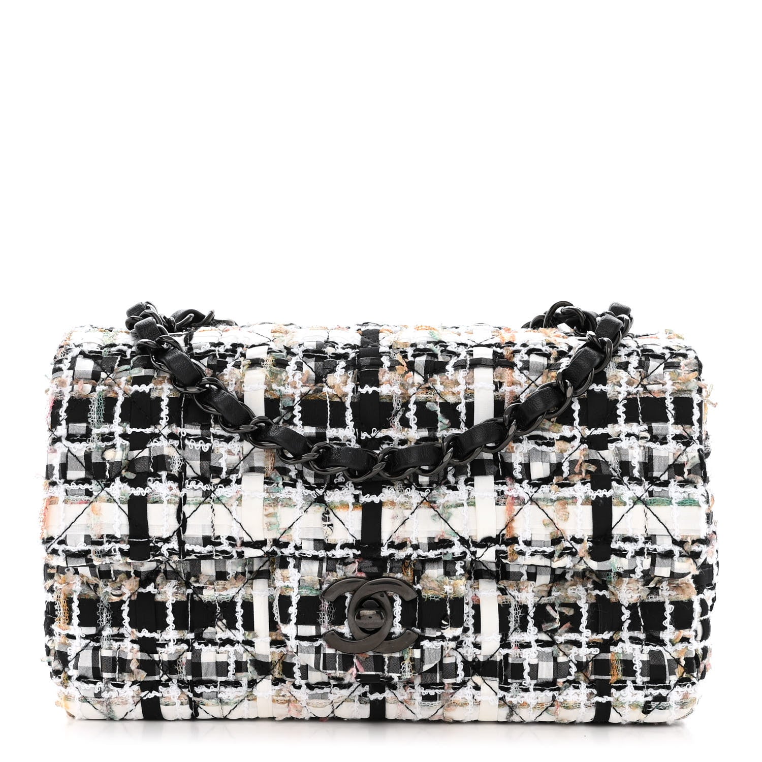 Chanel Tweed Quilted Mini Rectangular Flap White Black Multicolor 1 of 11