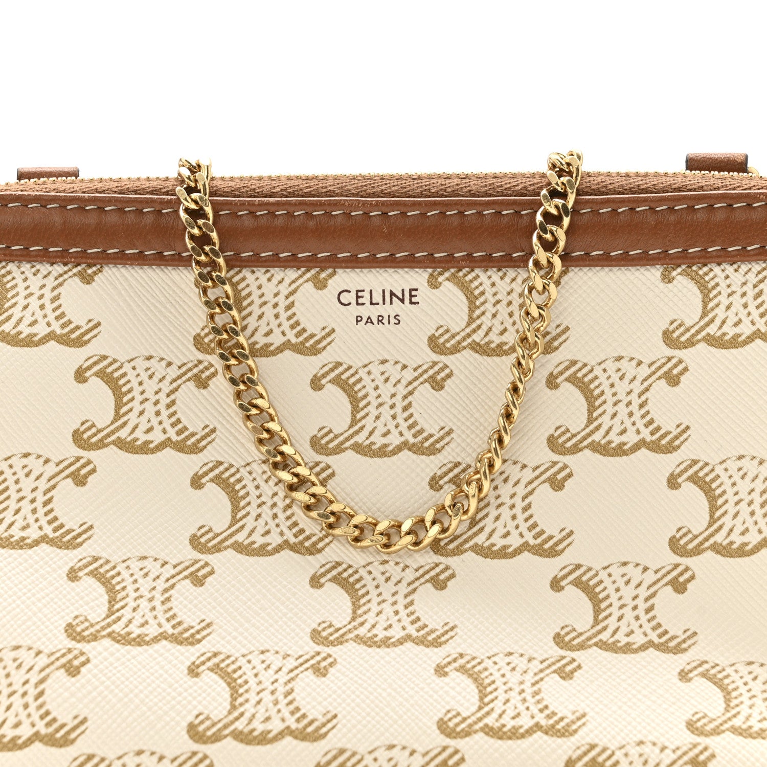 Celine Lambskin Triomphe Canvas Clutch With Chain White Tan 8 of 12